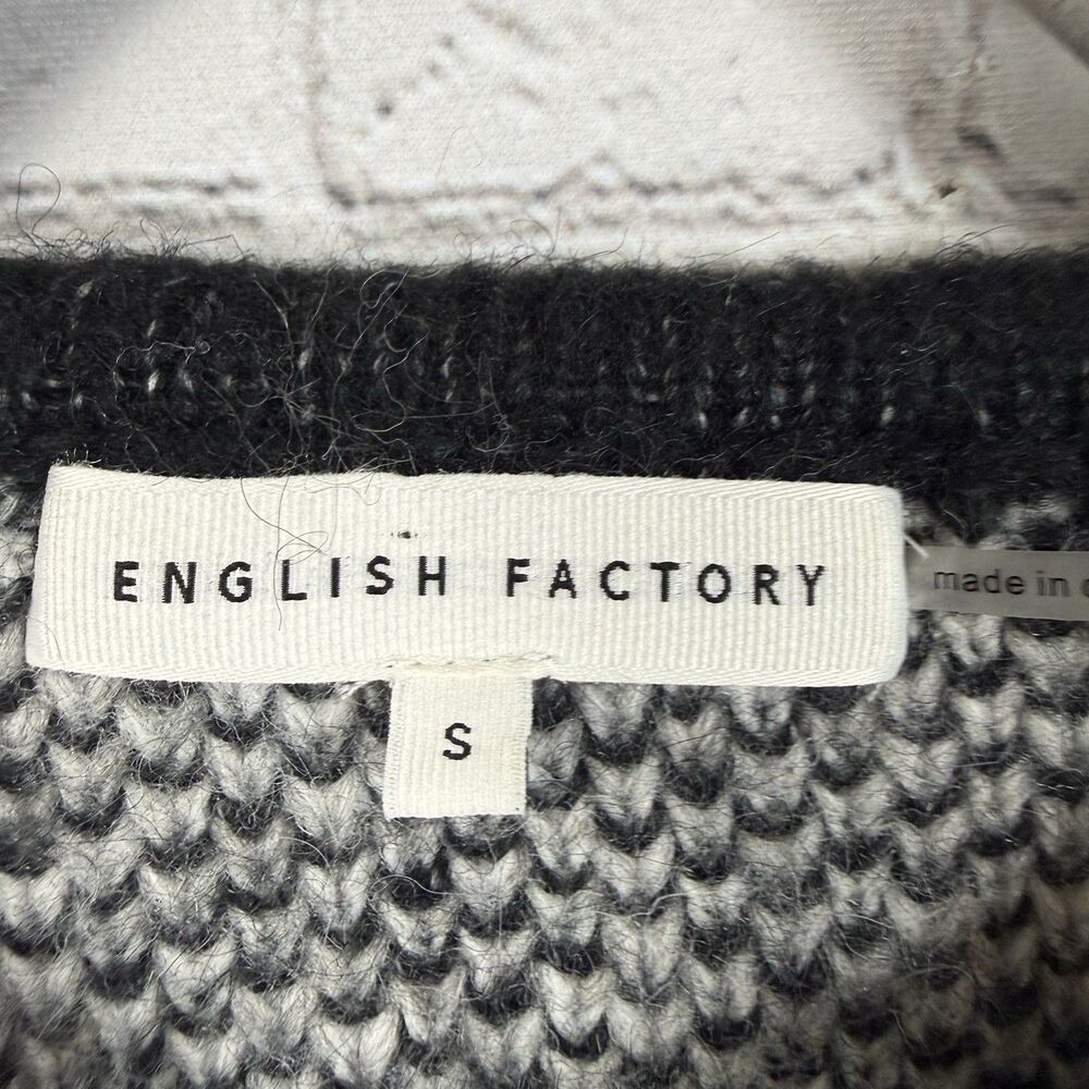 English Factory Argyle Cardigan Women S Heavyweight Cross Stitch Knit Black Gray - Picture 3 of 13